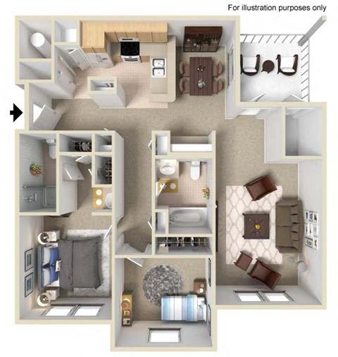 Floor plan for 2 beds, 2 baths, 1037 sqft